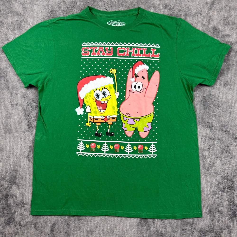 SpongeBob SquarePants Stay Chill Christmas T-Shirt Green Mens Large Patrick Star
